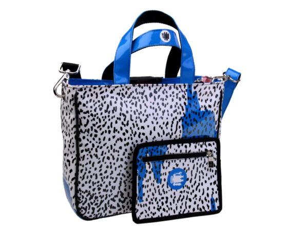 LIGHT BLUE AND WHITE TOTE BAG WHIT ANIMALIER FANTASY. MODEL GLAM MADE OF LORRY TARPAULIN. - Unique Pieces Paul Meccanico
