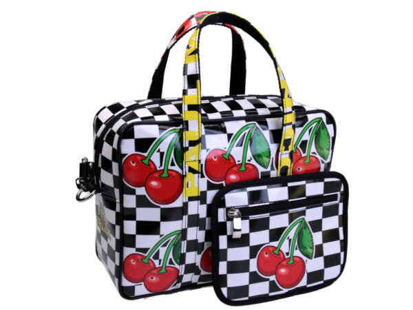 BLACK AND WHITE RECTANGULAR WOMEN'S BAG "CHERRIES". MODEL PINCA MADE OF LORRY TARPAULIN. - Unique Pieces Paul Meccanico