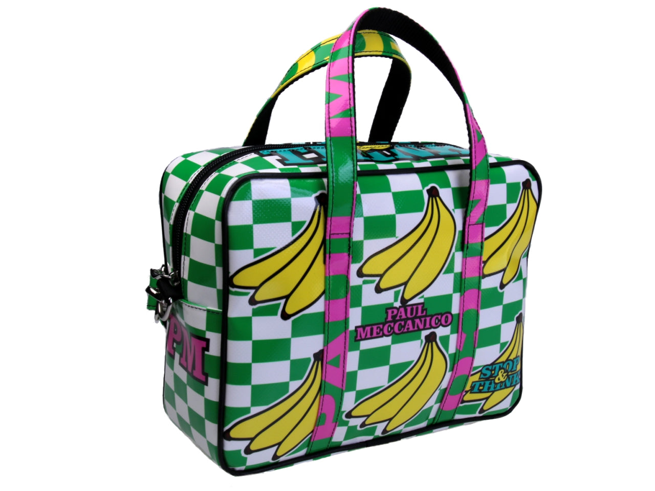 GREEN AND WHITE RECTANGULAR WOMEN'S BAG "BANANAS". MODEL PINCA MADE OF LORRY TARPAULIN. - Unique Pieces Paul Meccanico