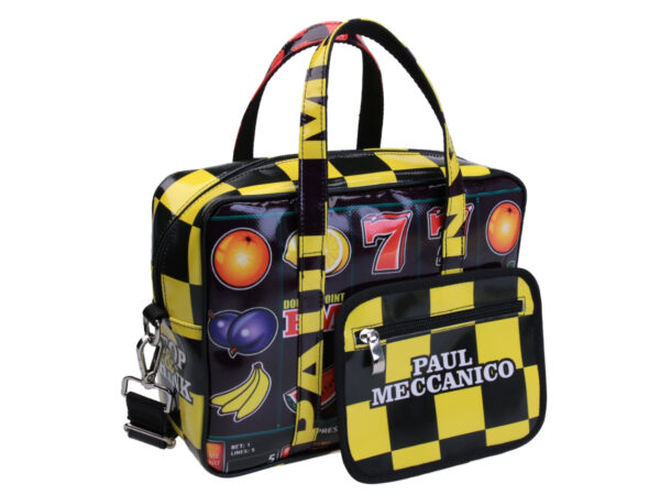 BLACK AND YELLOW RECTANGULAR WOMEN'S BAG "SLOT MACHINE". MODEL PINCA MADE OF LORRY TARPAULIN. - Unique Pieces Paul Meccanico