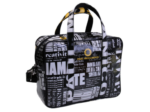 BLACK AND WHITE RECTANGULAR WOMEN'S BAG WITH TEXT FANTASY. MODEL PINCA MADE OF LORRY TARPAULIN. - Unique Pieces Paul Meccanico