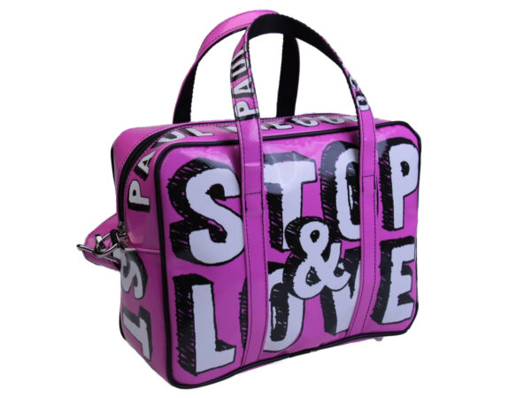 FUCHSIA RECTANGULAR WOMEN'S BAG "STOP AND LOVE". MODEL PINCA MADE OF LORRY TARPAULIN. - Unique Pieces Paul Meccanico