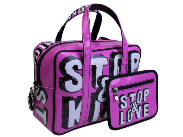 FUCHSIA RECTANGULAR WOMEN'S BAG "STOP AND LOVE". MODEL PINCA MADE OF LORRY TARPAULIN. - Unique Pieces Paul Meccanico