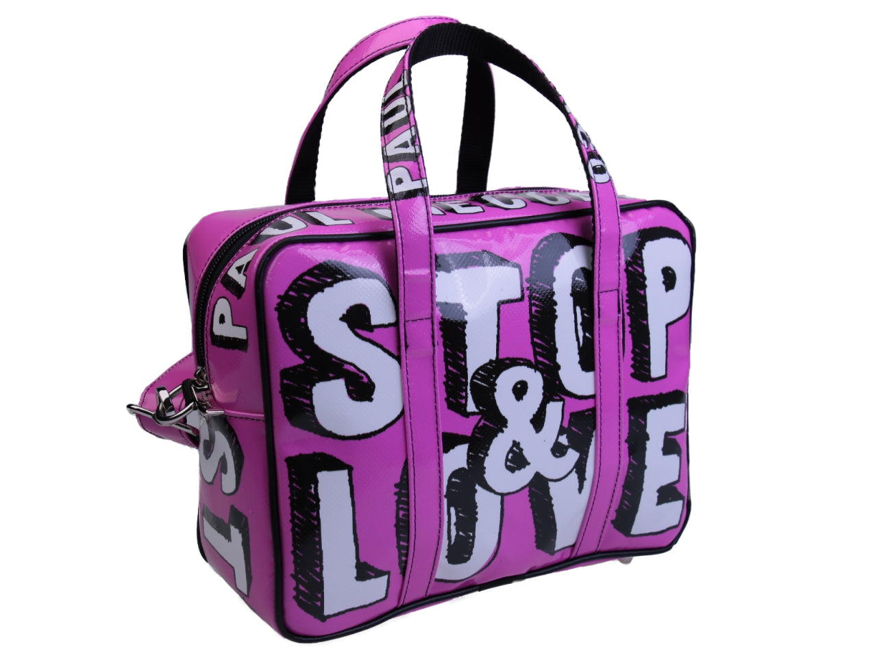 FUCHSIA RECTANGULAR WOMEN'S BAG "STOP AND LOVE". MODEL PINCA MADE OF LORRY TARPAULIN. - Unique Pieces Paul Meccanico