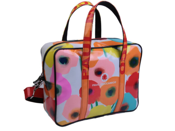 ...OFF WHITE RECTANGULAR WOMEN'S BAG FLORAL FANTASY. MODEL PINCA MADE OF LORRY TARPAULIN. - Unique Pieces Paul Meccanico