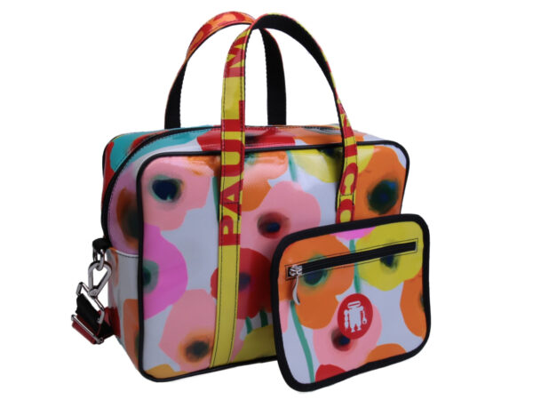 ...OFF WHITE RECTANGULAR WOMEN'S BAG FLORAL FANTASY. MODEL PINCA MADE OF LORRY TARPAULIN. - Unique Pieces Paul Meccanico