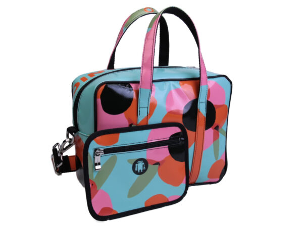 LIGHT BLUE RECTANGULAR WOMEN'S BAG FLORAL FANTASY. MODEL PINCA MADE OF LORRY TARPAULIN. - Unique Pieces Paul Meccanico