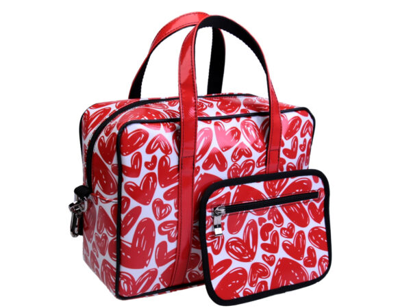 WHITE AND RED RECTANGULAR WOMEN'S BAG "HEARTS". MODEL PINCA MADE OF LORRY TARPAULIN. - Unique Pieces Paul Meccanico