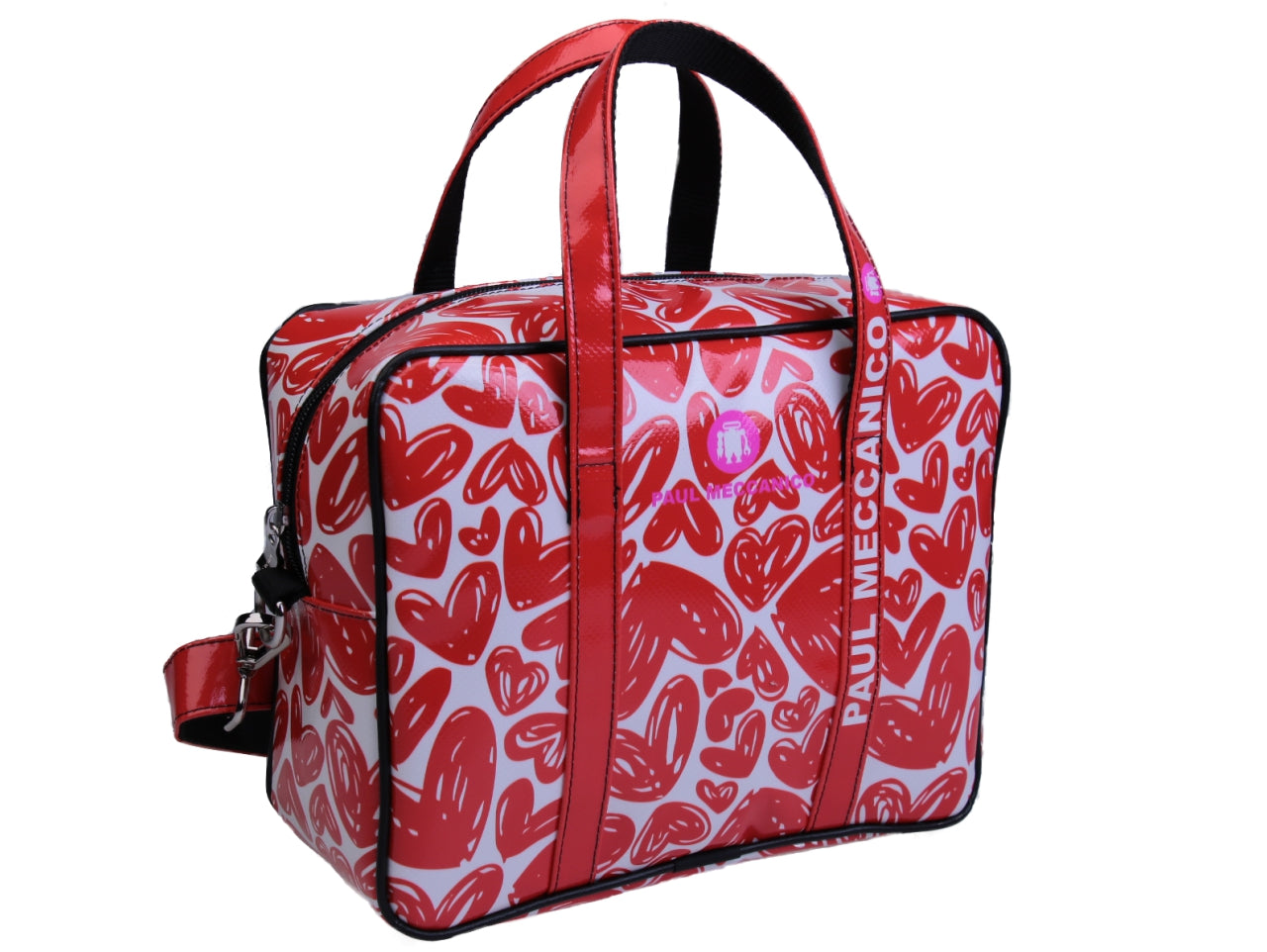 WHITE AND RED RECTANGULAR WOMEN'S BAG "HEARTS". MODEL PINCA MADE OF LORRY TARPAULIN. - Unique Pieces Paul Meccanico