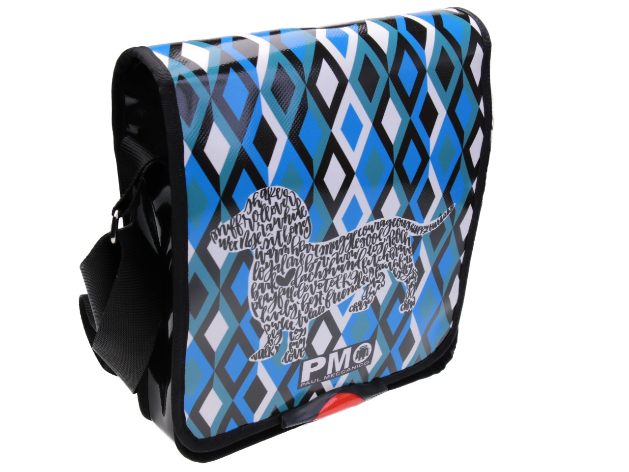 LIGHT BLUE CROSSBODY BAG WITH GEOMETRIC FANTASY. MODEL BAUBAU MADE OFF LORRY TARPAULIN. - Special Edition Paul Meccanico