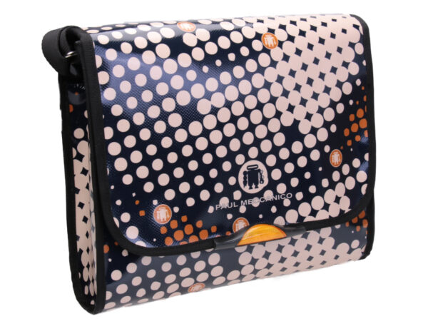 DARK BLUE AND OFF WHITE CROSSBODY BAG WITH DOTS FANTASY. MODEL BREAK MADE OF LORRY TARPAULIN. - Unique Pieces Paul Meccanico