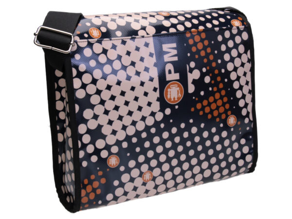 DARK BLUE AND OFF WHITE CROSSBODY BAG WITH DOTS FANTASY. MODEL BREAK MADE OF LORRY TARPAULIN. - Unique Pieces Paul Meccanico