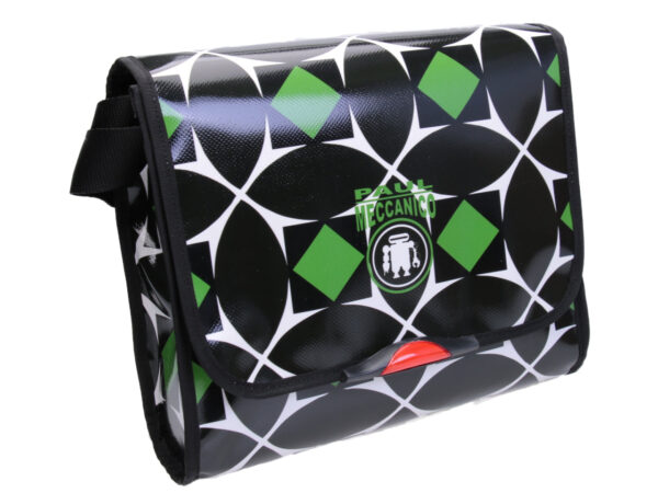 CROSSBODY BLACK, WHITE, GREEN WITH GEOMETRIC FANTASY. MODEL BREAK MADE OF LORRY TARPAULIN. - Unique Pieces Paul Meccanico