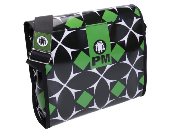 CROSSBODY BLACK, WHITE, GREEN WITH GEOMETRIC FANTASY. MODEL BREAK MADE OF LORRY TARPAULIN. - Unique Pieces Paul Meccanico