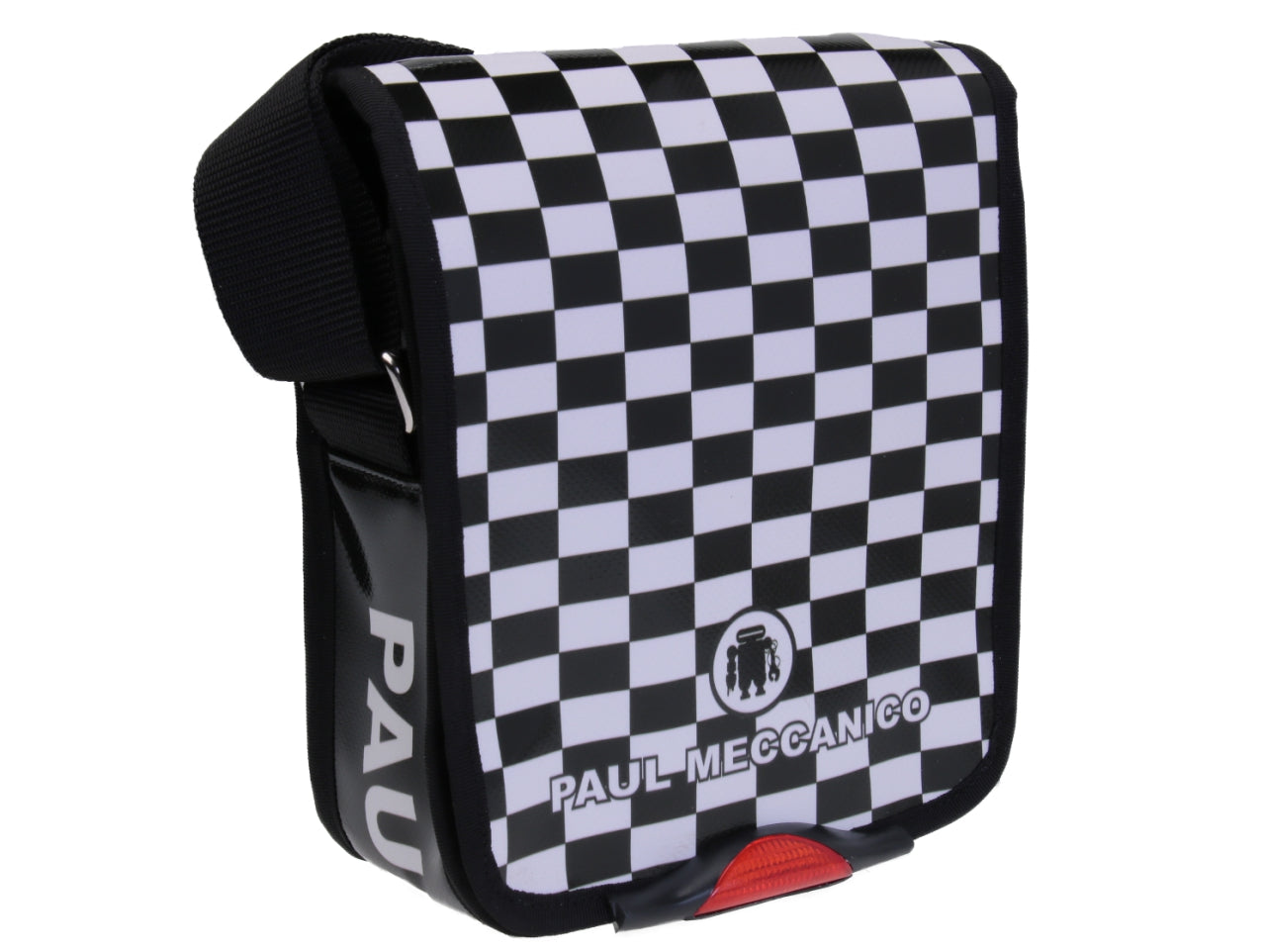 BLACK AND WHITE CROSSBODY BAG WITH GEOMETRIC FANTASY. MODEL MIPOK MADE OF LORRY TARPAULIN.