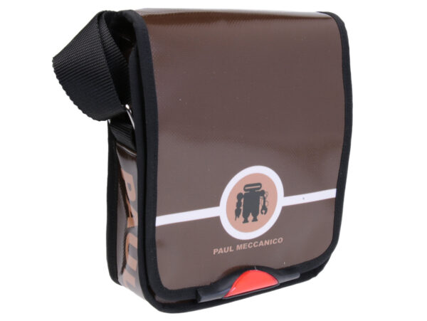 BROWN CROSSBODY BAG. MODEL MIPOK MADE OF LORRY TARPAULIN.