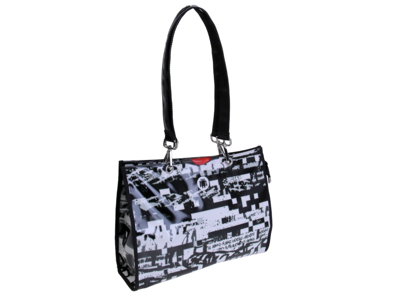 SHOPPER BAG BLACK AND WHITE PIXEL FANTASY. MODEL PEPE MADE OF LORRY TARPAULIN.