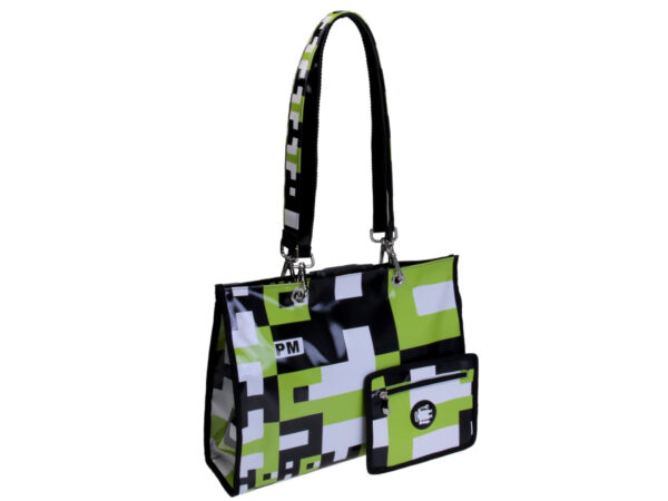 SHOPPER BAG BLACK, WHITE AND GREEN WITH GEOMETRIC FANTASY. MODEL PEPE MADE OF LORRY TARPAULIN.