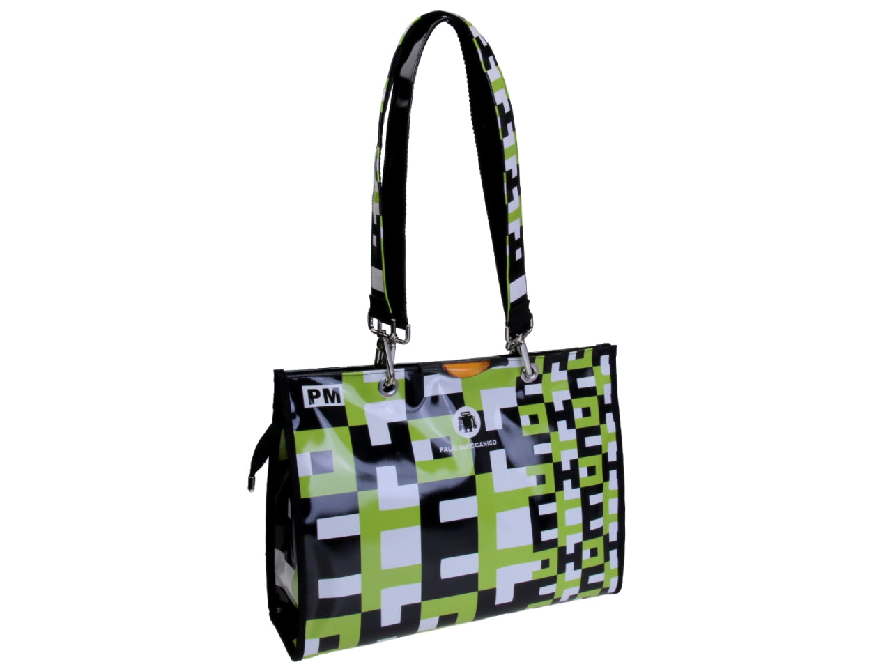 SHOPPER BAG BLACK, WHITE AND GREEN WITH GEOMETRIC FANTASY. MODEL PEPE MADE OF LORRY TARPAULIN.
