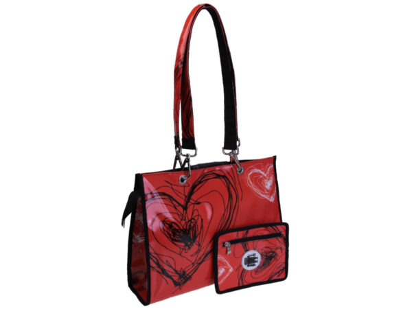 RED SHOPPER BAG "HEARTS". MODEL PEPE MADE OF LORRY TARPAULIN.