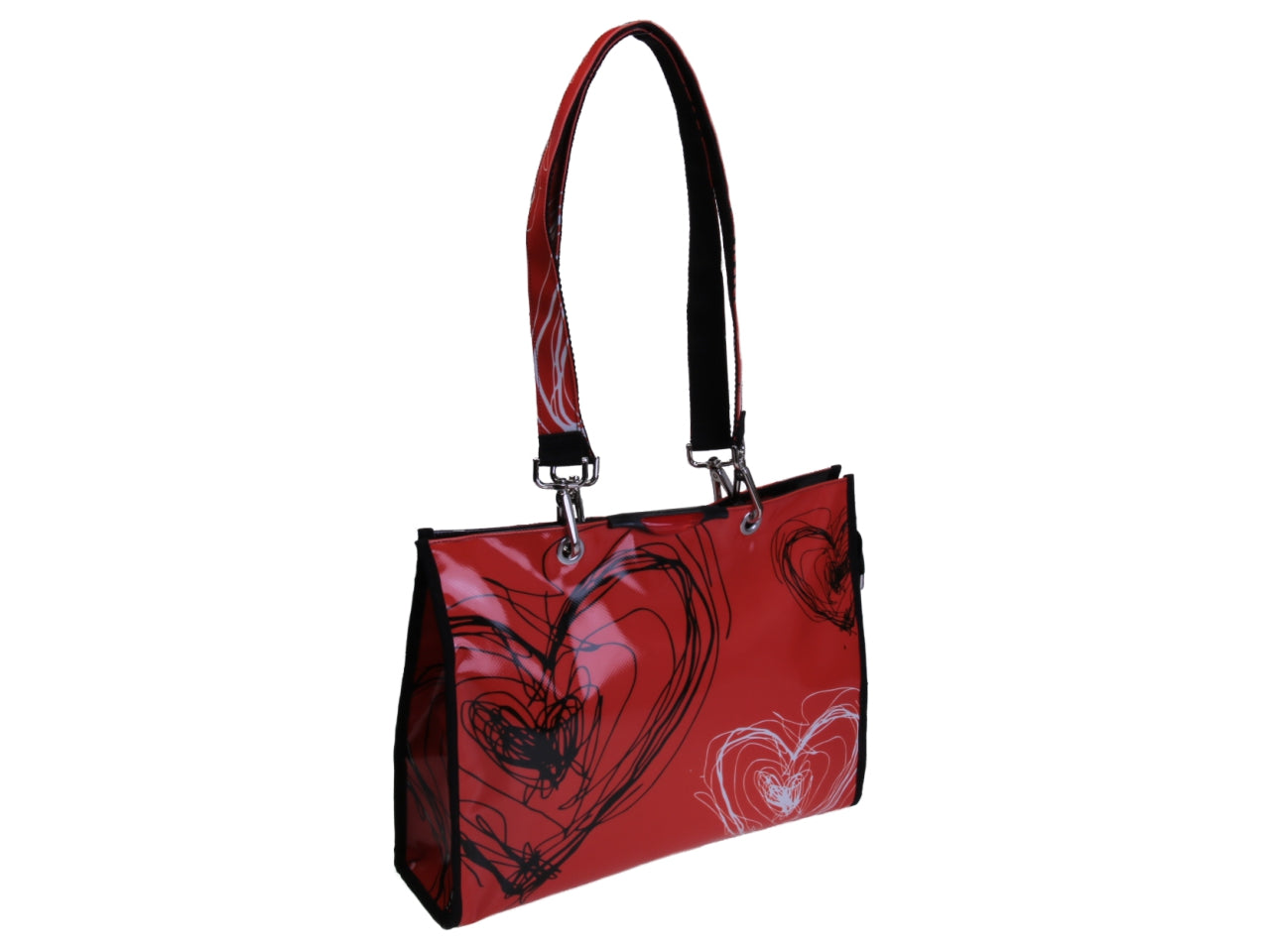 RED SHOPPER BAG "HEARTS". MODEL PEPE MADE OF LORRY TARPAULIN.