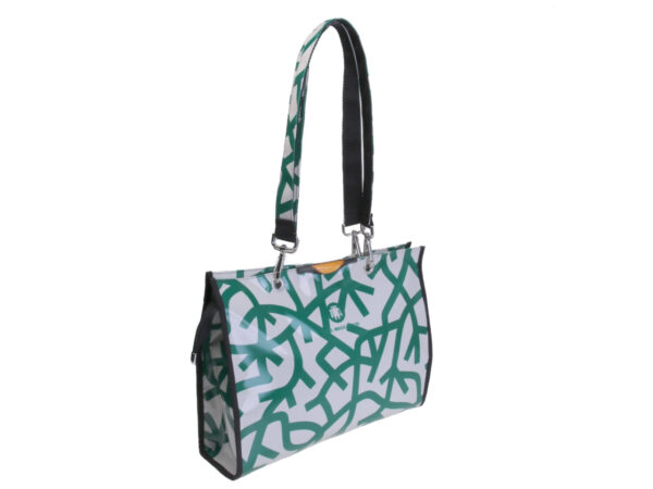 OFF WHITE AND DARK GREEN SHOPPER BAG. MODEL PEPE MADE OF LORRY TARPAULIN.
