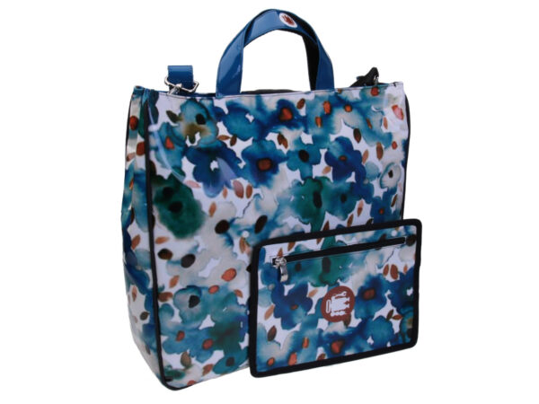 LIGHT BLUE MAXI TOTE BAG "WATERCOLOR" WITH FLORAL FANTASY. MODEL AIRSTONE MADE OF LORRY TARPAULIN.