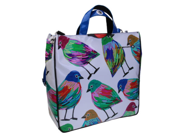 WHITE MAXI TOTE BAG "BIRDS". MODEL AIRSTONE MADE OF LORRY TARPAULIN.