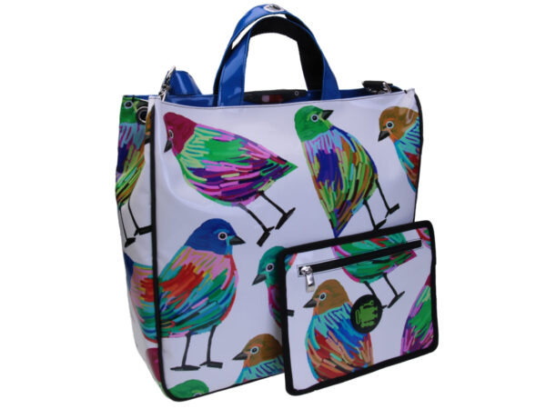 WHITE MAXI TOTE BAG "BIRDS". MODEL AIRSTONE MADE OF LORRY TARPAULIN.