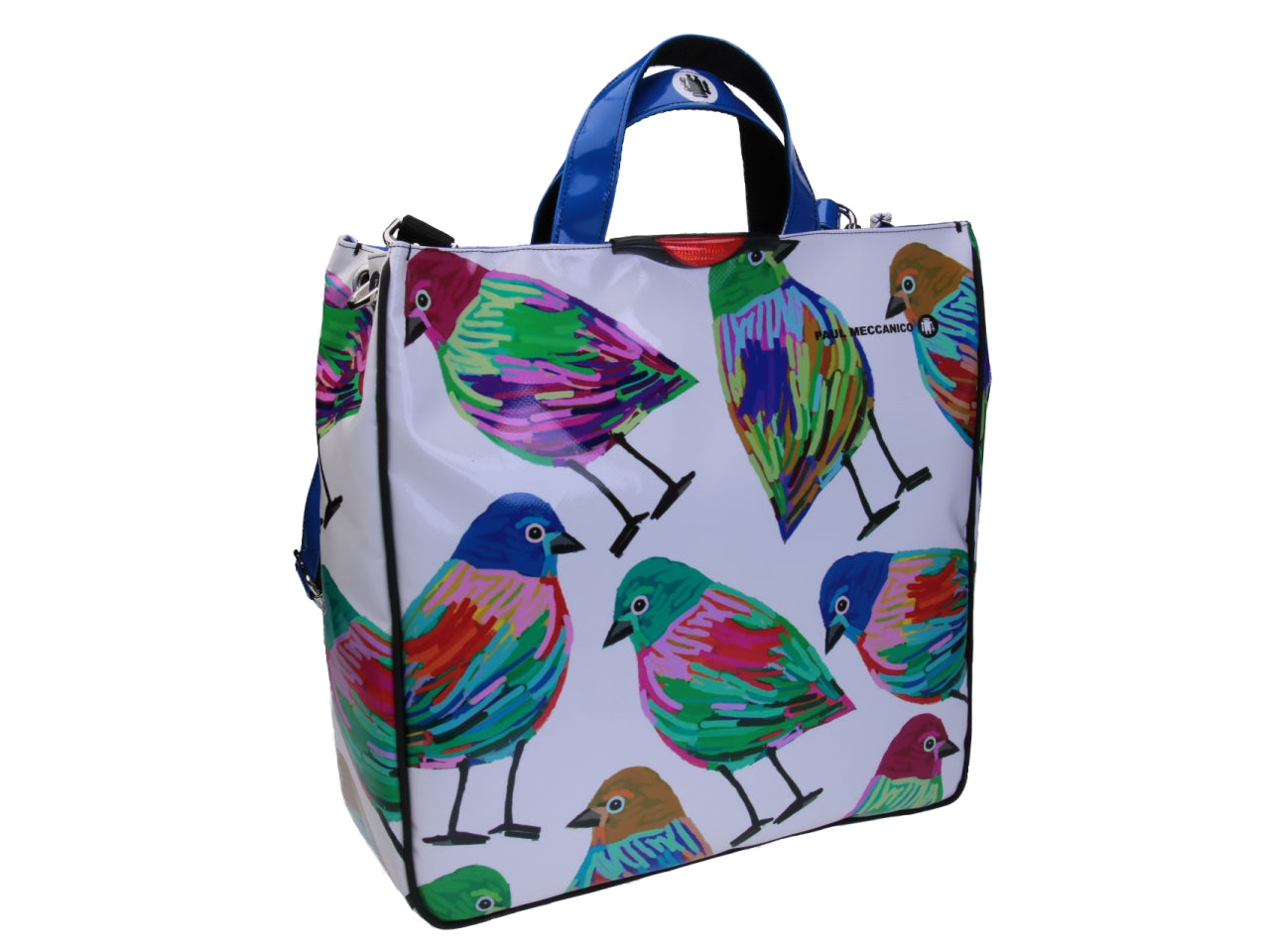 WHITE MAXI TOTE BAG "BIRDS". MODEL AIRSTONE MADE OF LORRY TARPAULIN.