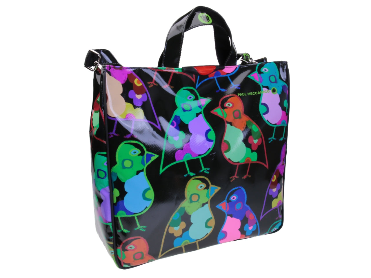 BLACK MAXI TOTE BAG "BIRDS". MODEL AIRSTONE MADE OF LORRY TARPAULIN.