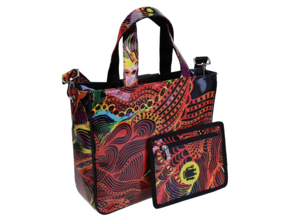 BLACK AND ORANGE TOTE BAG WITH ABSTRACT FANTASY. MODEL GLAM MADE OF LORRY TARPAULIN.
