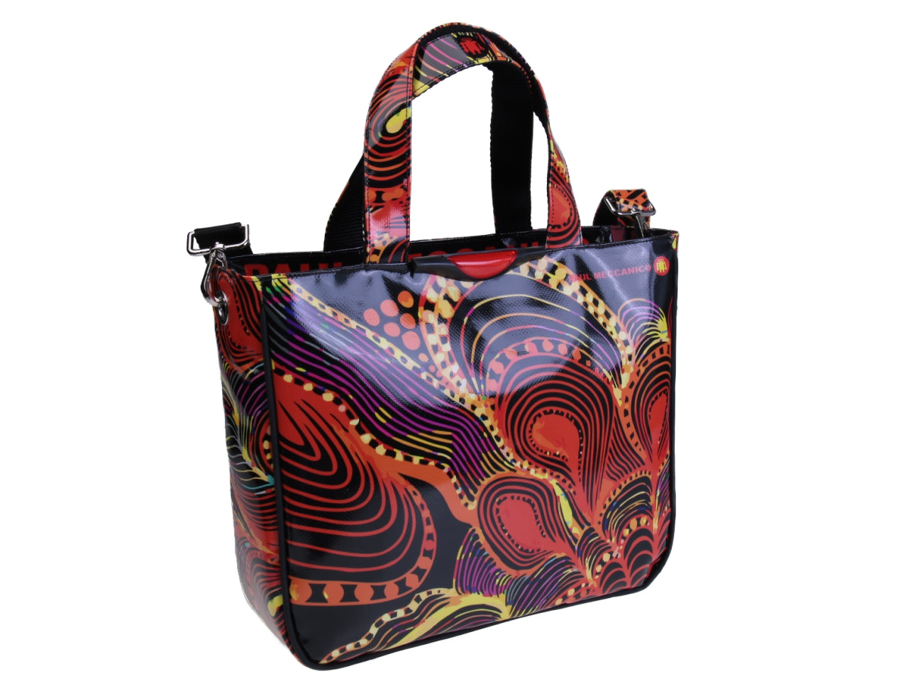 BLACK AND ORANGE TOTE BAG WITH ABSTRACT FANTASY. MODEL GLAM MADE OF LORRY TARPAULIN.