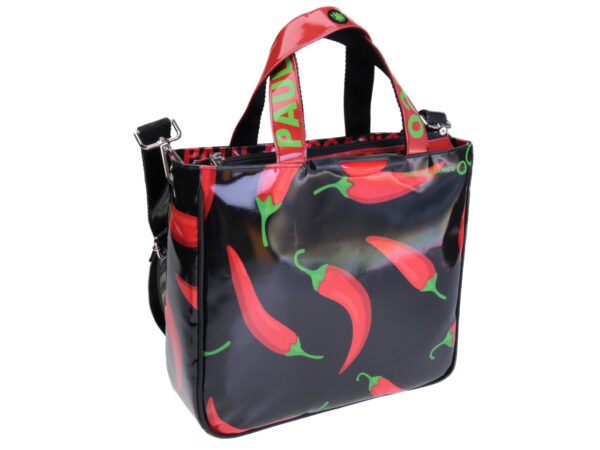 BLACK TOTE BAG "CHILI PEPPERS". MODEL GLAM MADE OF LORRY TARPAULIN.