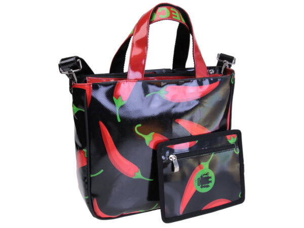 BLACK TOTE BAG "CHILI PEPPERS". MODEL GLAM MADE OF LORRY TARPAULIN.