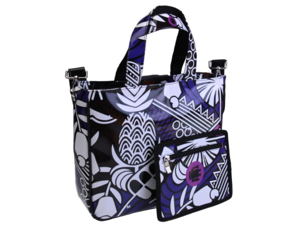 WHITE, BLACK AND VIOLET TOTE BAG WITH ETHNIC FANTASY. MODEL GLAM MADE OF LORRY TARPAULIN.