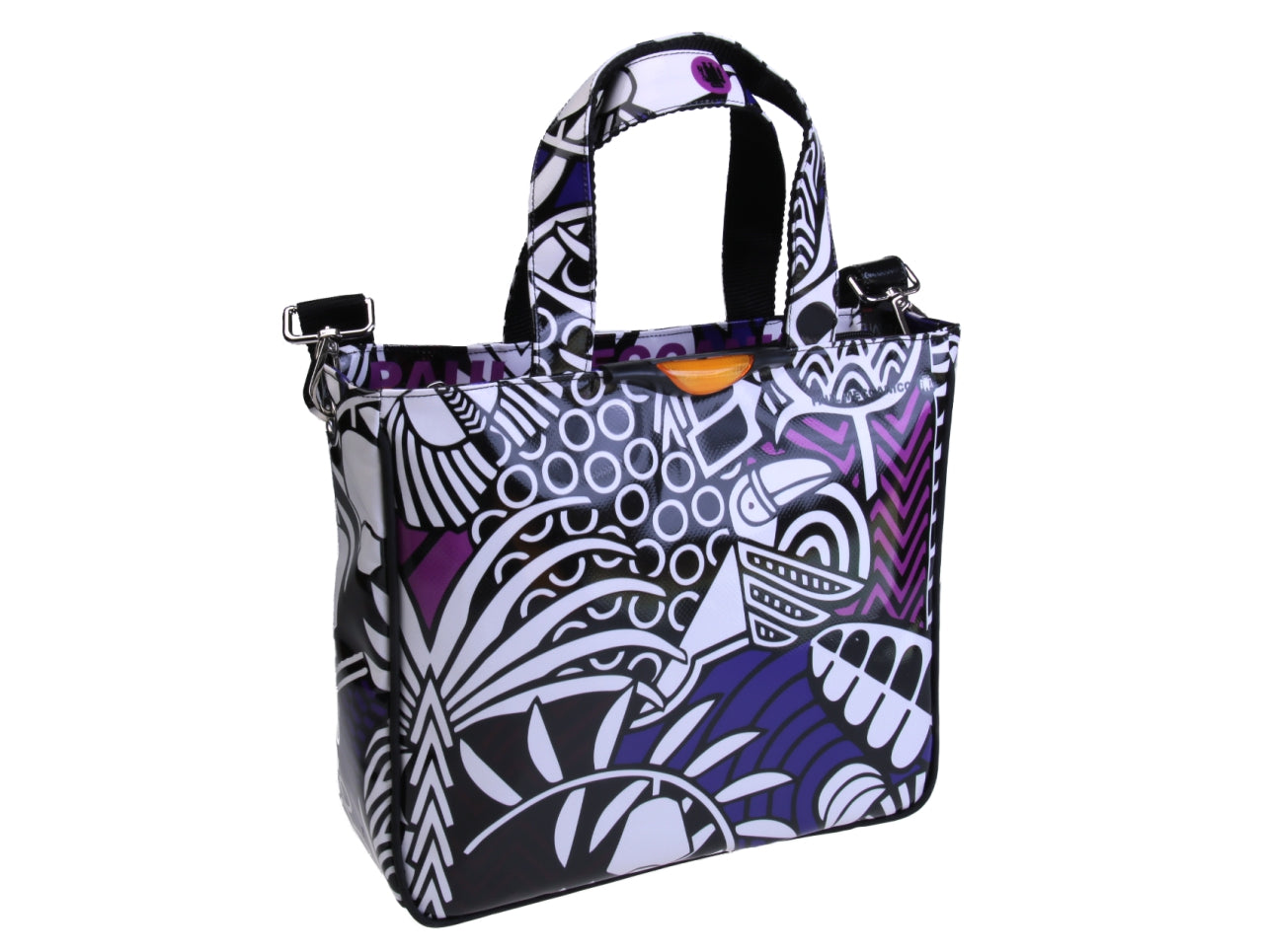 WHITE, BLACK AND VIOLET TOTE BAG WITH ETHNIC FANTASY. MODEL GLAM MADE OF LORRY TARPAULIN.