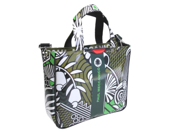 TOTE BAG WHITE, BLACK AND GREEN WITH FLORAL FANTASY. MODEL GLAM MADE OF LORRY TARPAULIN.