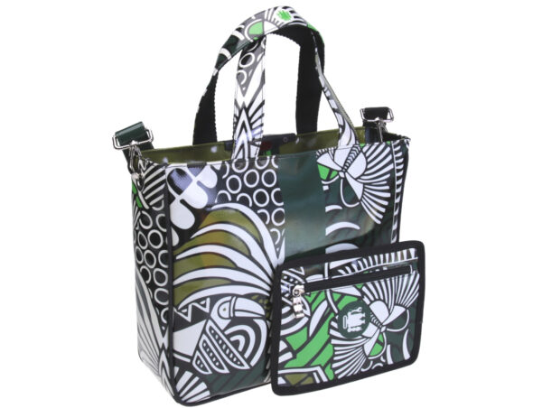 TOTE BAG WHITE, BLACK AND GREEN WITH FLORAL FANTASY. MODEL GLAM MADE OF LORRY TARPAULIN.
