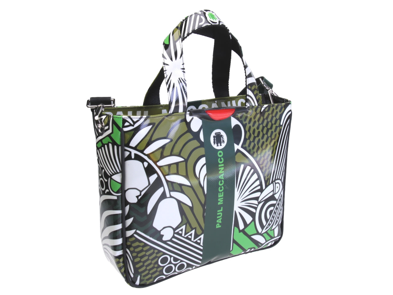 TOTE BAG WHITE, BLACK AND GREEN WITH FLORAL FANTASY. MODEL GLAM MADE OF LORRY TARPAULIN.