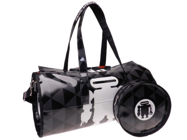 SPORTY BOSTON BAG BLACK AND GREY WITH GEOMETRIC FANTASY. MODEL ROLLING MADE OF LORRY TARPAULIN. - Unique Pieces Paul Meccanico