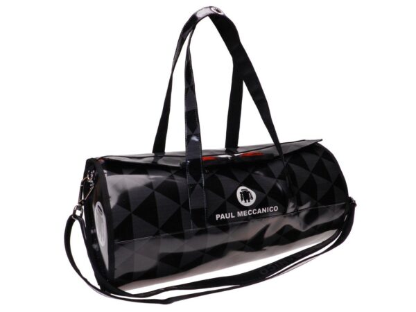 SPORTY BOSTON BAG BLACK AND GREY WITH GEOMETRIC FANTASY. MODEL ROLLING MADE OF LORRY TARPAULIN. - Unique Pieces Paul Meccanico