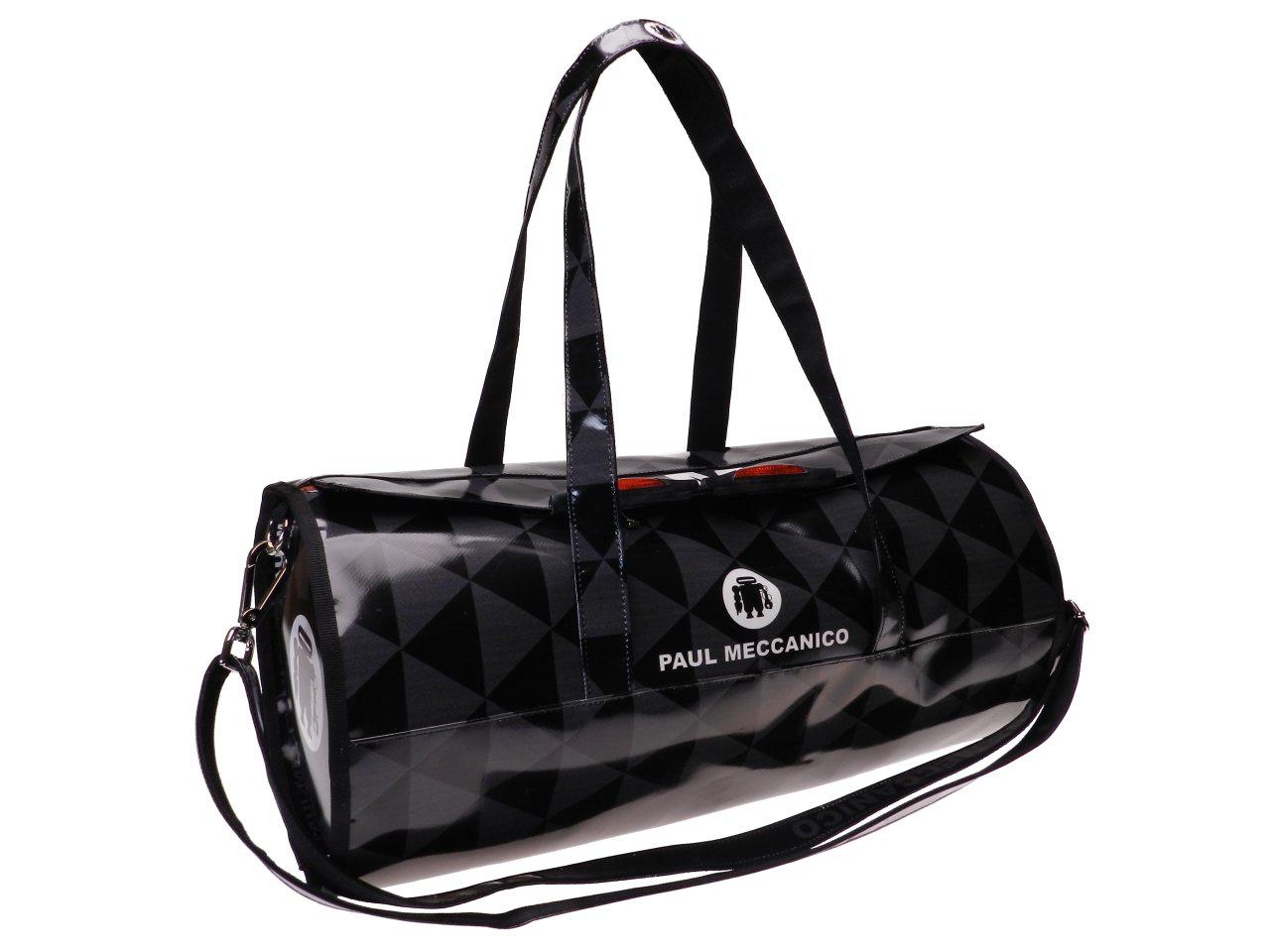 SPORTY BOSTON BAG BLACK AND GREY WITH GEOMETRIC FANTASY. MODEL ROLLING MADE OF LORRY TARPAULIN. - Unique Pieces Paul Meccanico