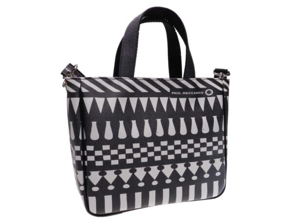 BLACK AND WHITE GEOMETRICAL PATTERN TOTE BAG. GLAM MODEL MADE OF HAMMERED FAUX LEATHER. - Unique Pieces Paul Meccanico