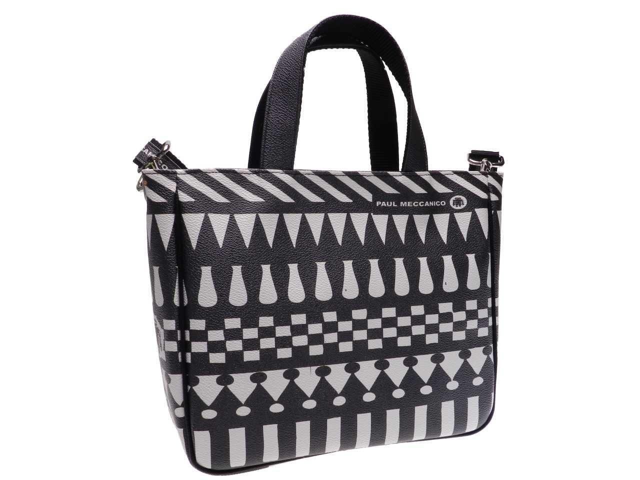 BLACK AND WHITE GEOMETRICAL PATTERN TOTE BAG. GLAM MODEL MADE OF HAMMERED FAUX LEATHER. - Unique Pieces Paul Meccanico