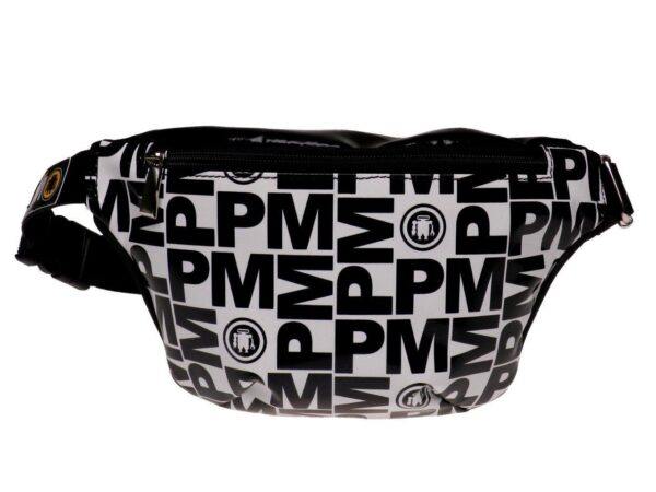 BLACK AND WHITE WAIST BAG WITH LETTERING FANTASY. MODEL FLEX MADE OF LORRY TARPAULIN. - Limited Edition Paul Meccanico