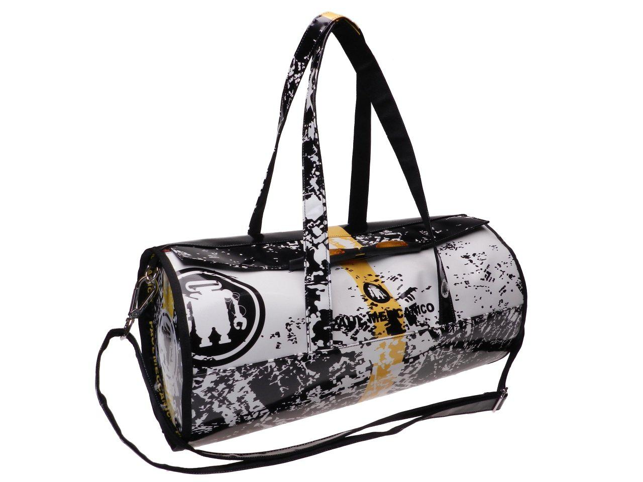 BLACK AND WHITE SPORT BAG GRAFFITI FANTASY. ROLLING MODEL MADE OF LORRY TARPAULIN. - Unique Pieces Paul Meccanico