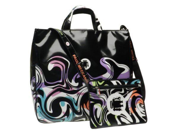 BLACK MAXI TOTE BAG WITH WHITE AND VIOLET FLOWING PATTERN - Paul Meccanico
