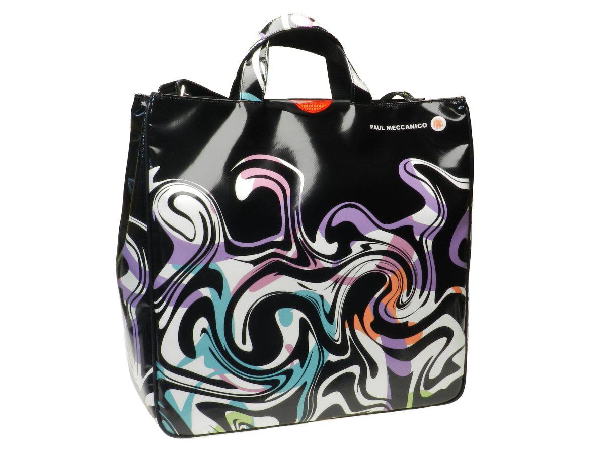 BLACK MAXI TOTE BAG WITH WHITE AND VIOLET FLOWING PATTERN - Paul Meccanico