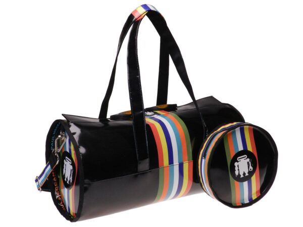 BLACK SPORT BAG WITH MULTICOLOR BAND. ROLLING MODEL MADE OF LORRY TARPAULIN. - Unique Pieces Paul Meccanico